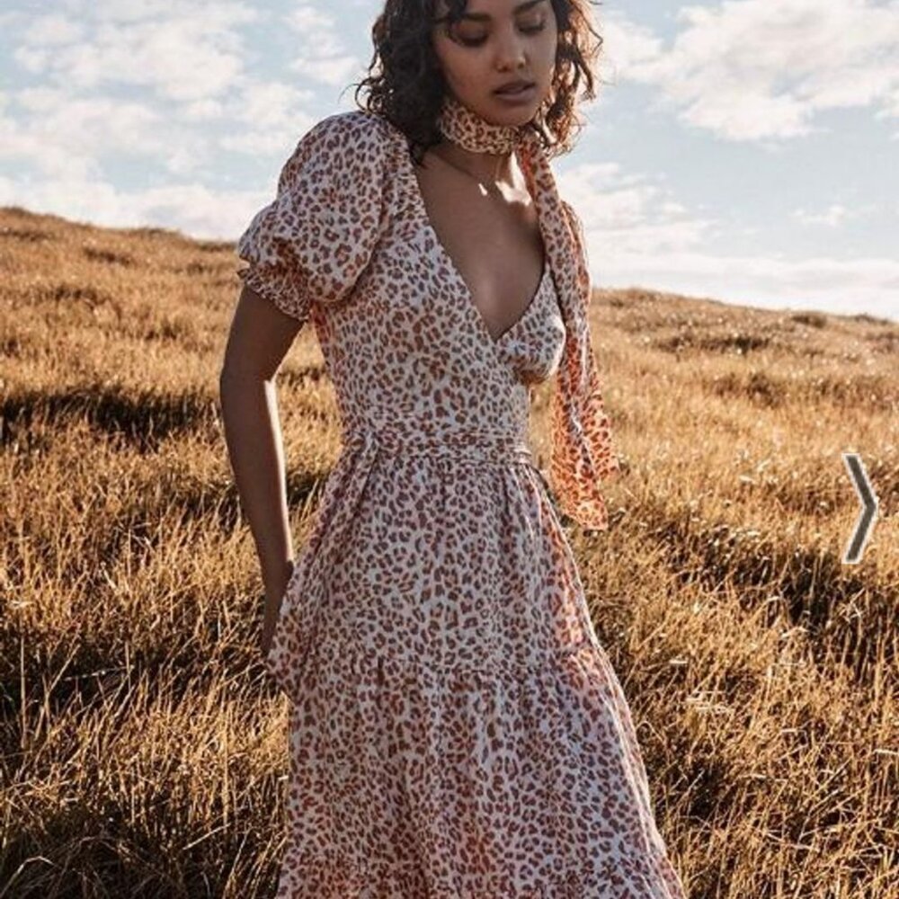 KIVARI JELENA LINEN MIDI WRAP DRESS LEOPARD USED